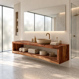 Open frame bathroom vanity in natural solid wood with full-width shelf and airy storage