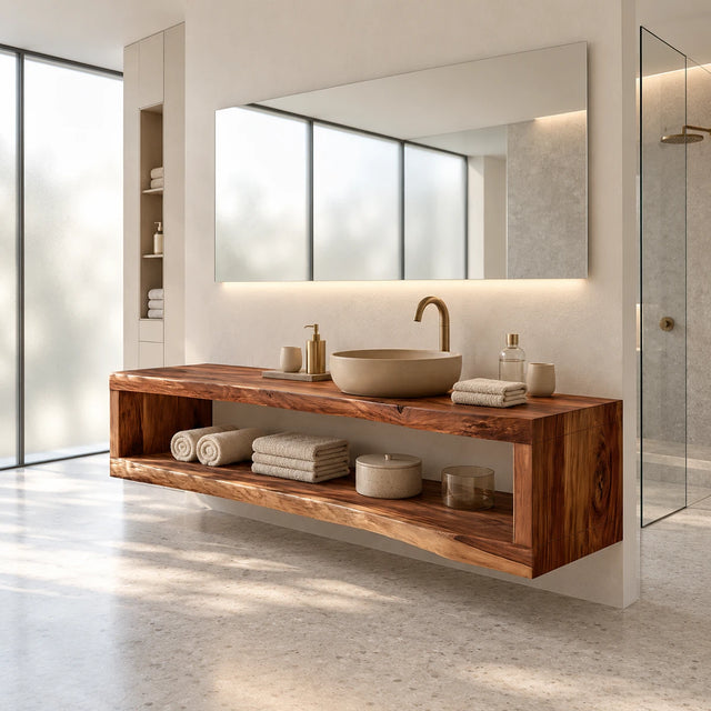 Open frame bathroom vanity in natural solid wood with full-width shelf and airy storage