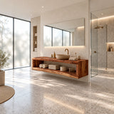 Natural solid wood bath console with a long open shelf for towels and daily essentials