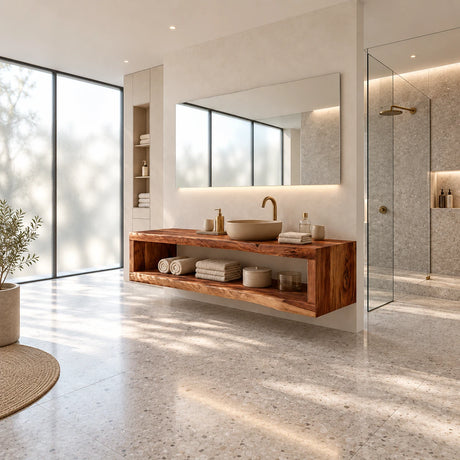 Natural solid wood bath console with a long open shelf for towels and daily essentials