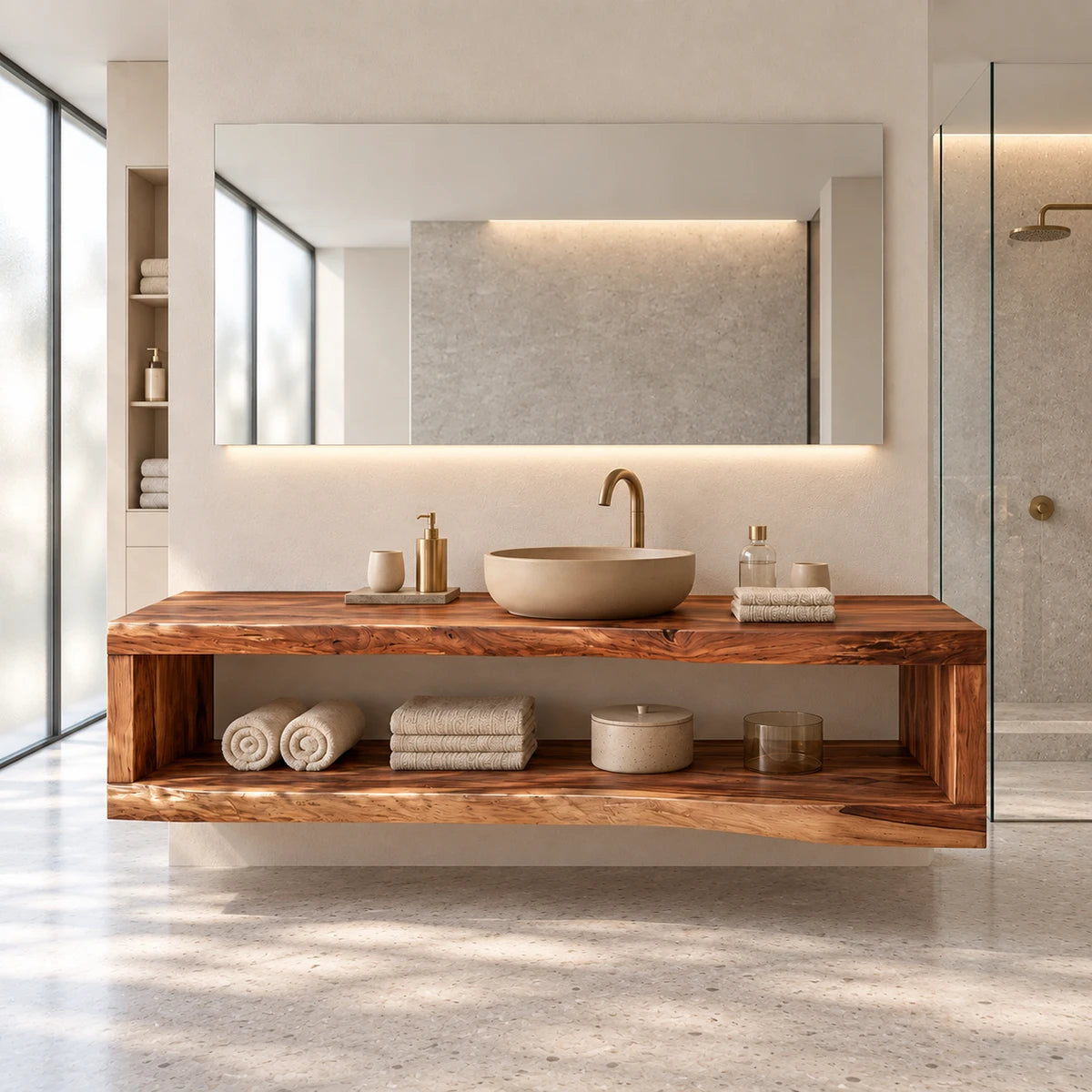 Wall spanning vanity furniture in natural solid wood with clean open storage below