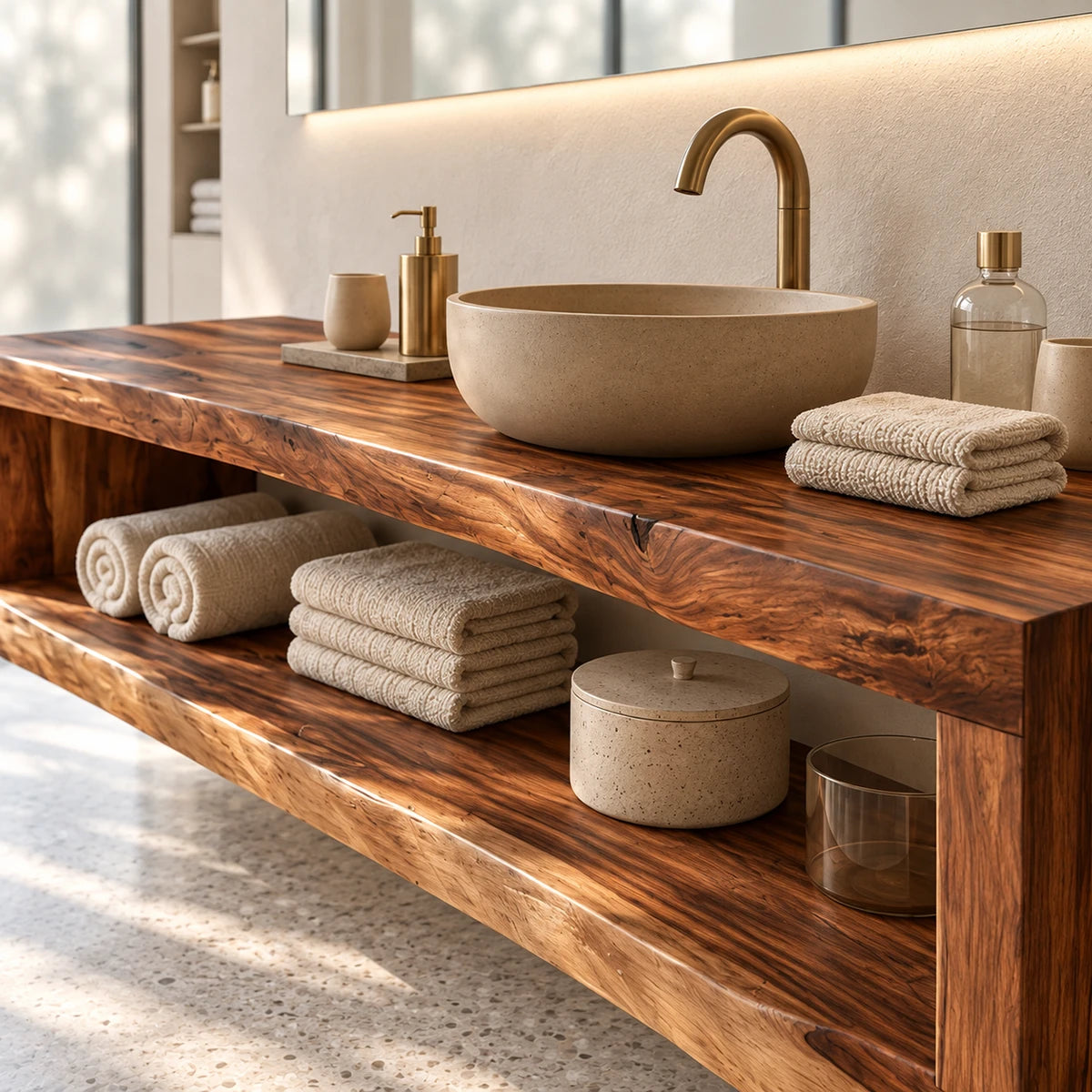 Long bathroom vanity in natural solid wood with a single broad shelf for organized linens