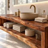 Long bathroom vanity in natural solid wood with a single broad shelf for organized linens