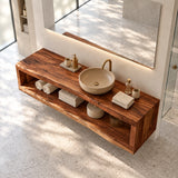 Minimal bath console in natural solid wood designed with one continuous storage shelf