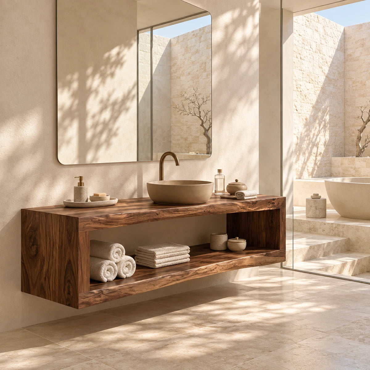 Natural solid wood vanity table with an open lower tier for towels, jars, and accessories