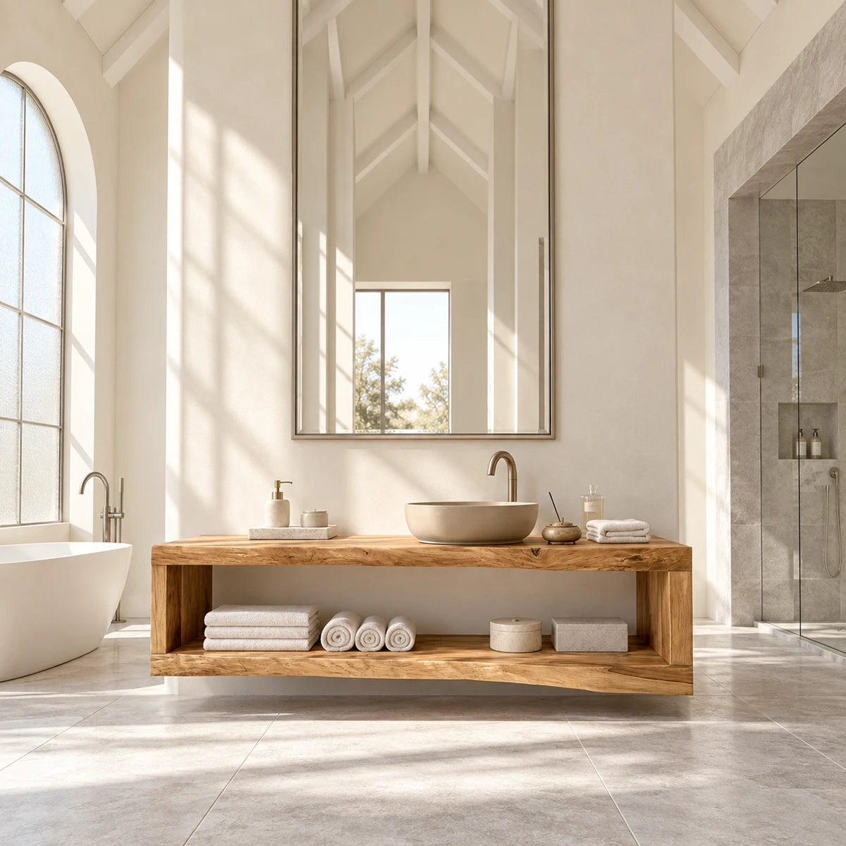 Streamlined bathroom furniture in natural solid wood with spacious shelf storage below