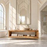 Streamlined bathroom furniture in natural solid wood with spacious shelf storage below
