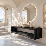 Open concept bath vanity in natural solid wood with a wide lower shelf and simple frame