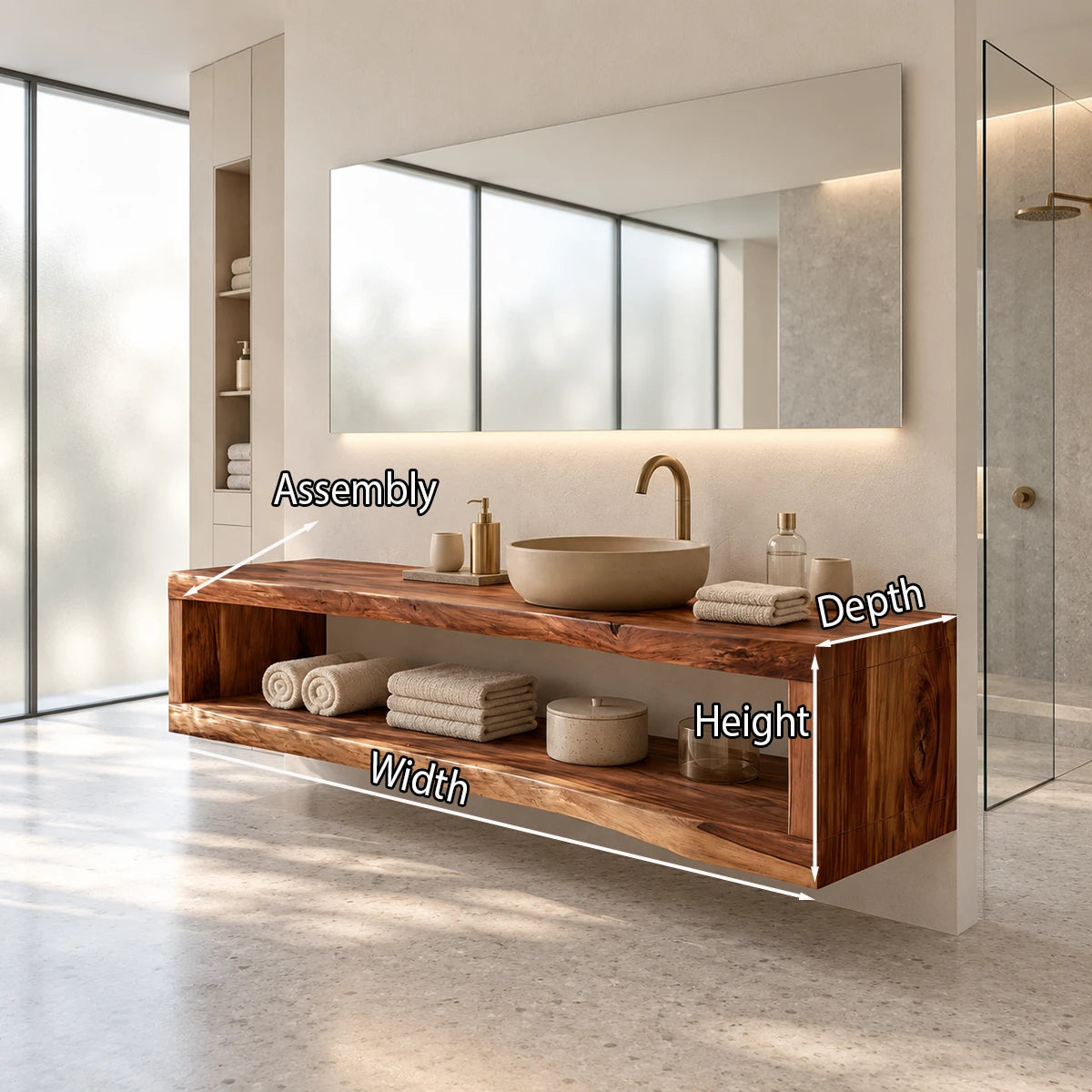 Natural solid wood bathroom console featuring a broad shelf for linens and decor storage