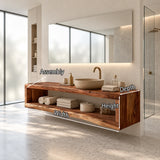 Natural solid wood bathroom console featuring a broad shelf for linens and decor storage