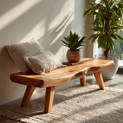 Live edge bench featuring natural flowing seat and smooth oak tone finish modern entryway seating