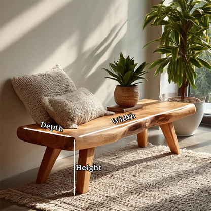 Low profile entryway bench designed with flowing natural edge and refined oak tone finish