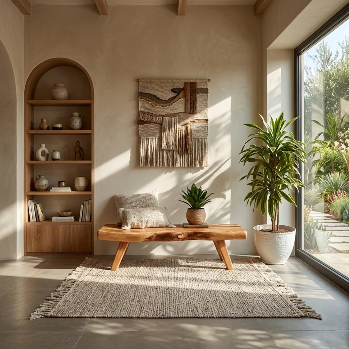 Organic style seating bench designed with natural edge profile and refined oak tone finish