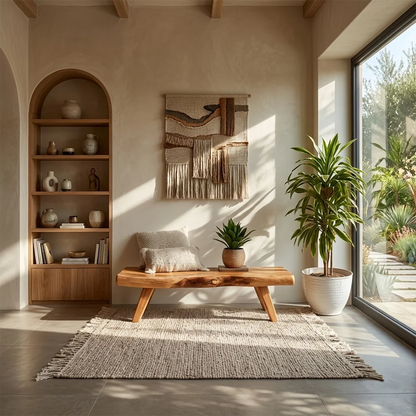 Organic style seating bench designed with natural edge profile and refined oak tone finish