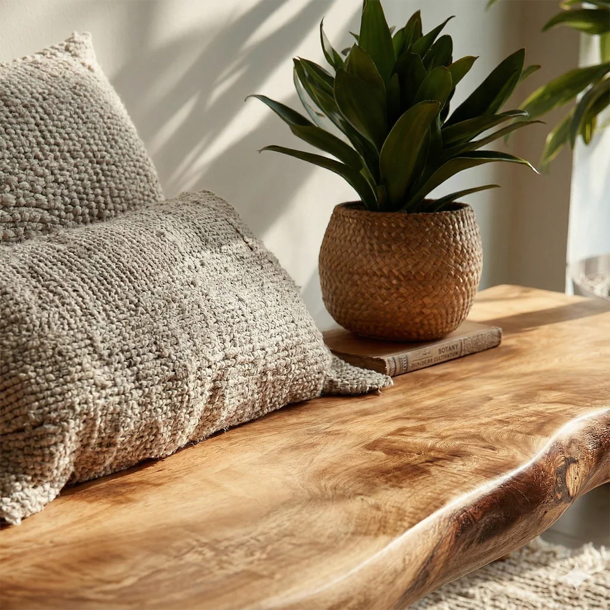 Modern hallway bench showcasing sculpted slab seat and warm oak tone finish detail