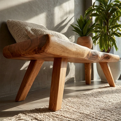 Contemporary entryway bench displaying natural live edge styling and polished oak tone finish