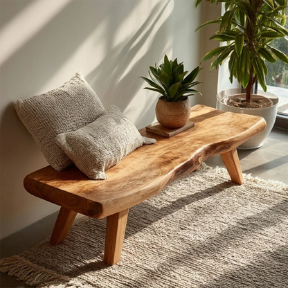 Minimalist seating bench featuring organic slab top and smooth oak tone finish surface