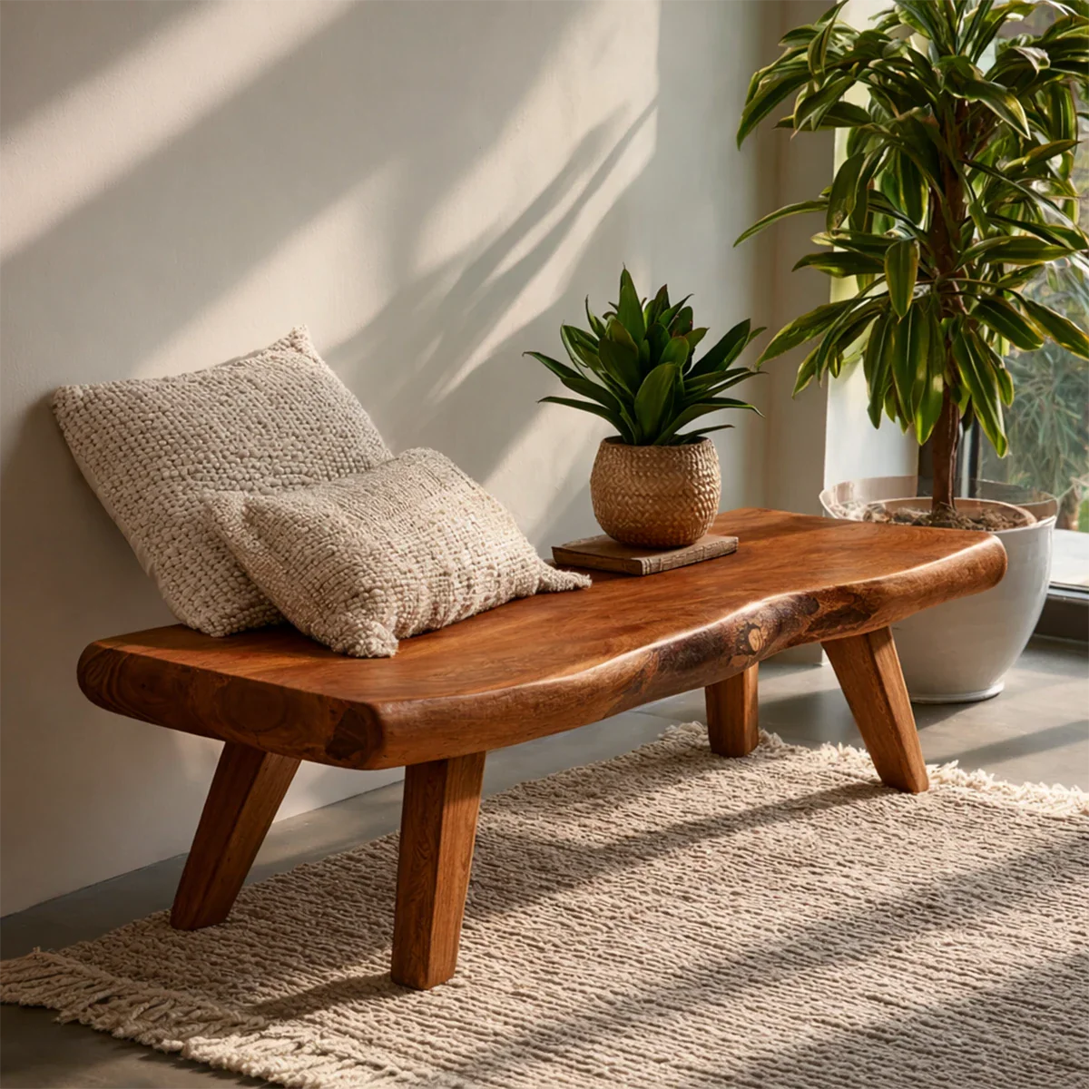 Japandi inspired bench designed with natural contour seat and refined brown tone finish