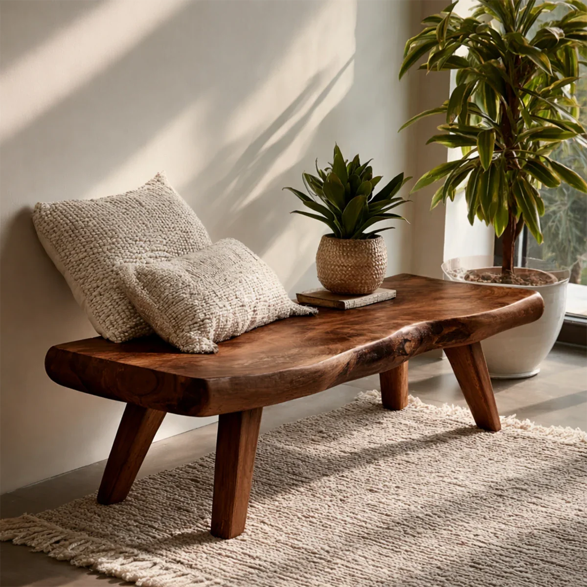 Functional hallway bench showcasing solid slab silhouette and warm walnut tone finish