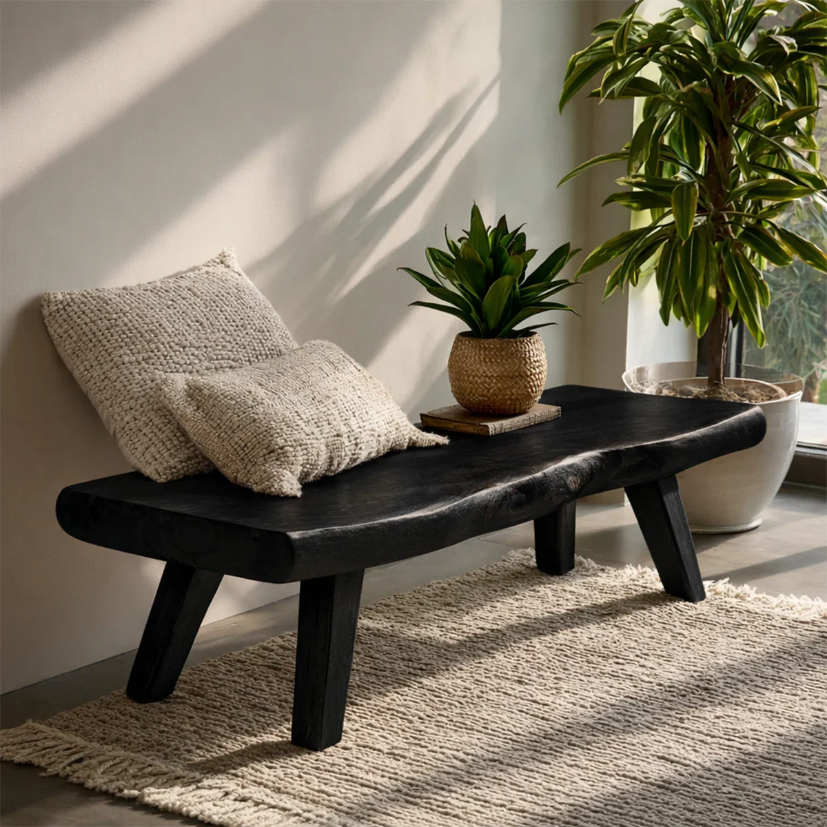 Decorative entry bench featuring handcrafted organic seat and polished black tone finish