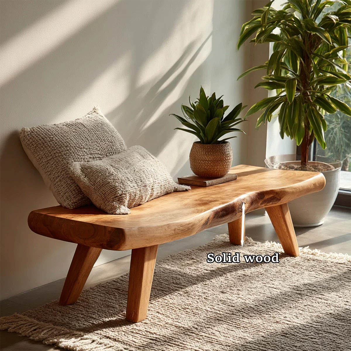 Modern organic bench displaying natural slab form and smooth oak tone finish seating