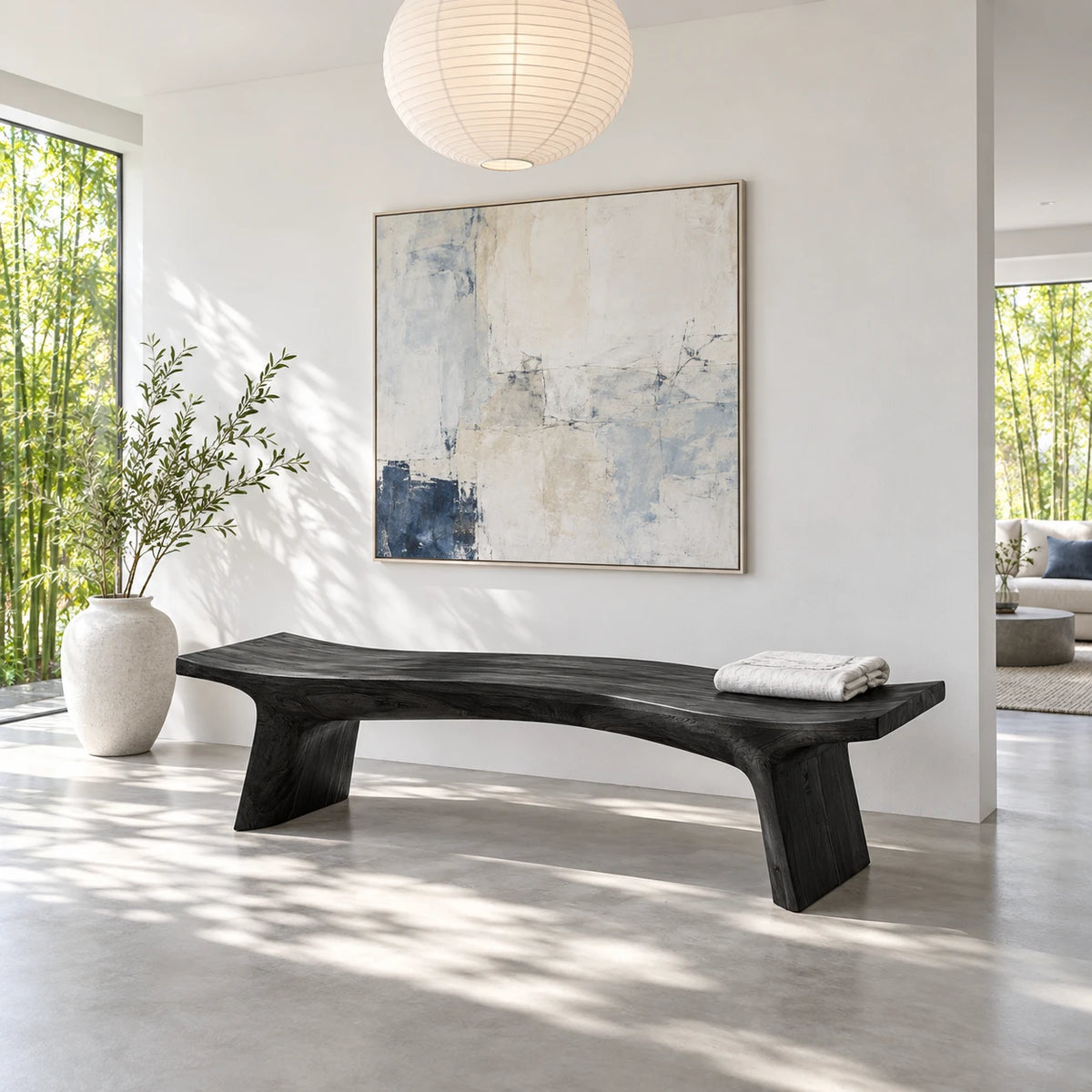 Live Edge Bench with Curved Single-Slab Seat on Two Inset Trestle Block Legs - Arboriswood - 10