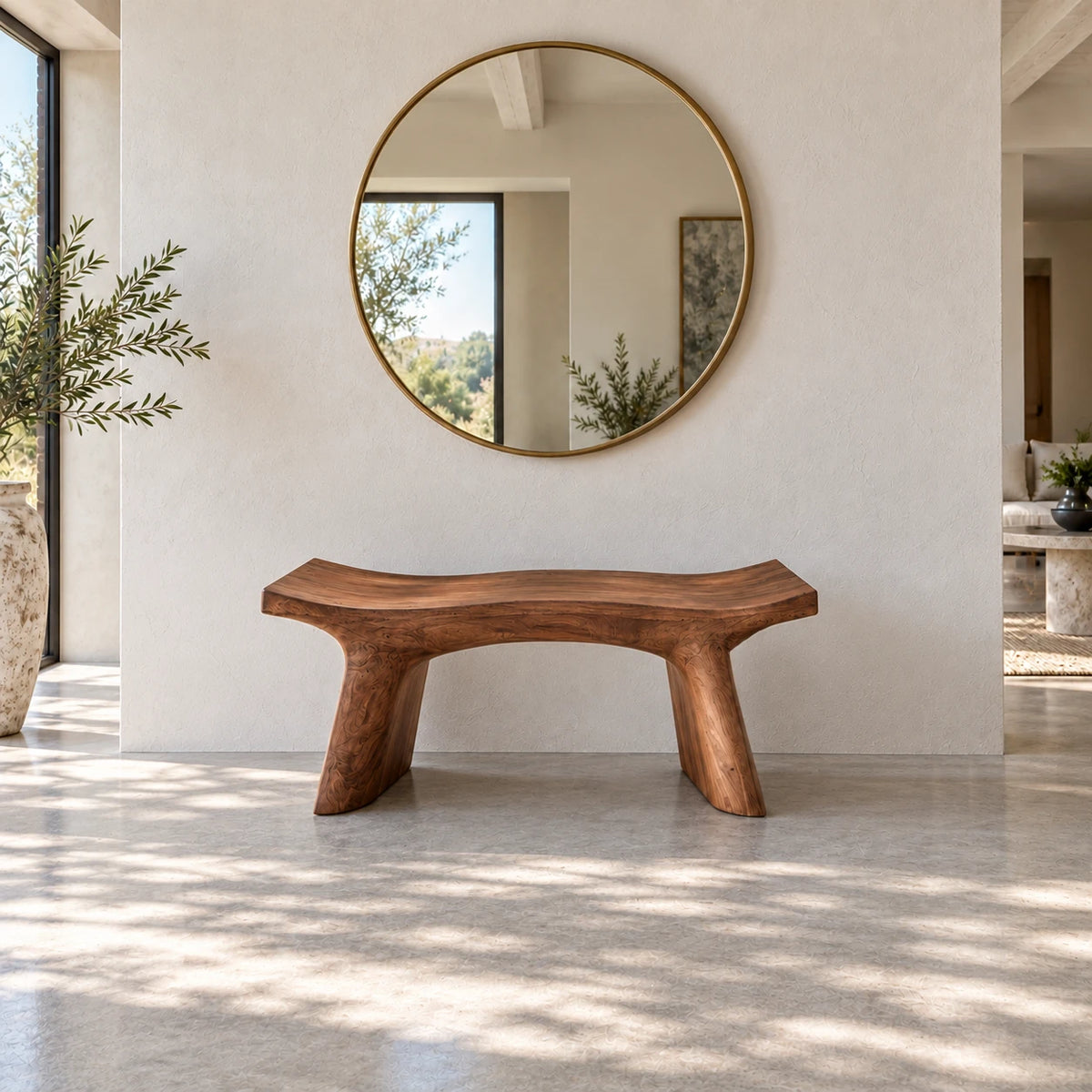 Live Edge Bench with Curved Single-Slab Seat on Two Inset Trestle Block Legs - Arboriswood - 11