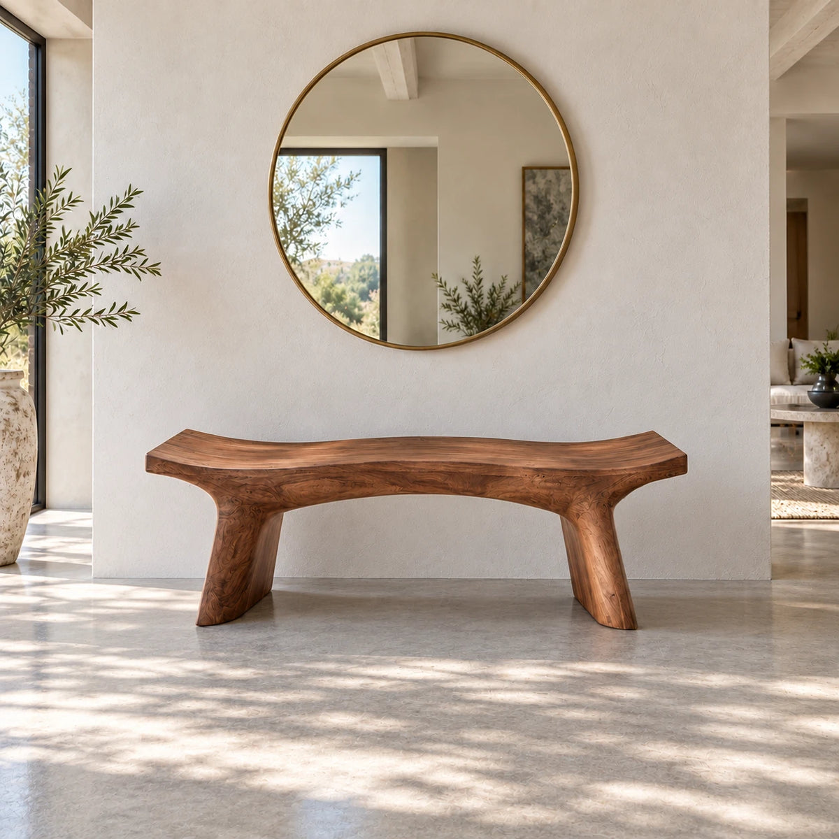 Live Edge Bench with Curved Single-Slab Seat on Two Inset Trestle Block Legs - Arboriswood - 13
