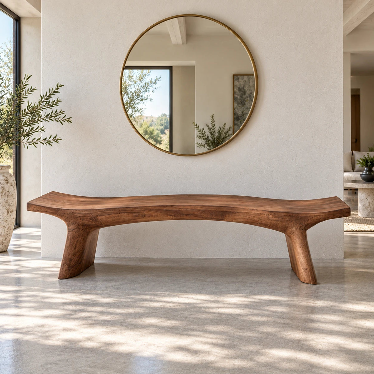 Live Edge Bench with Curved Single-Slab Seat on Two Inset Trestle Block Legs - Arboriswood - 2