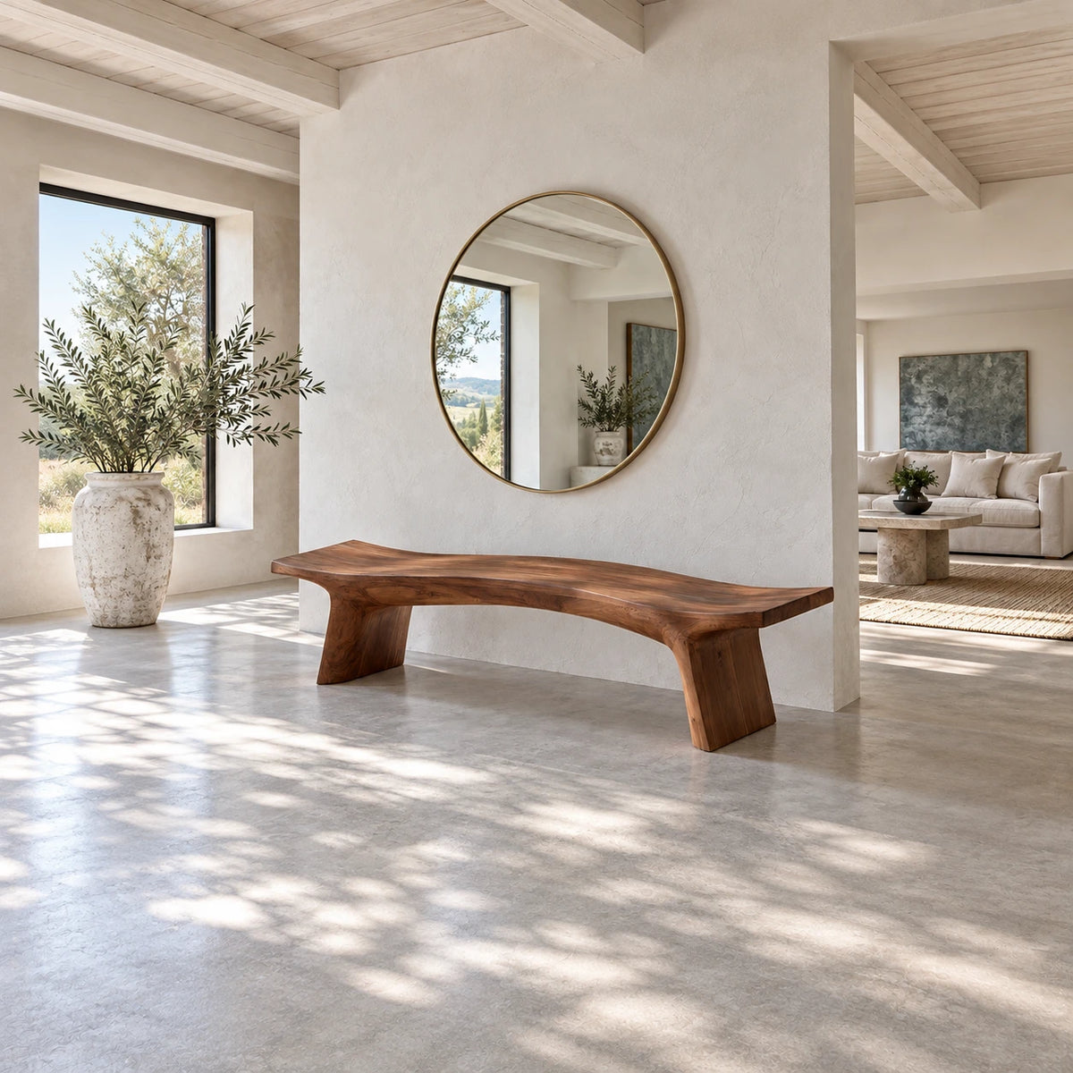 Live Edge Bench with Curved Single-Slab Seat on Two Inset Trestle Block Legs - Arboriswood - 3