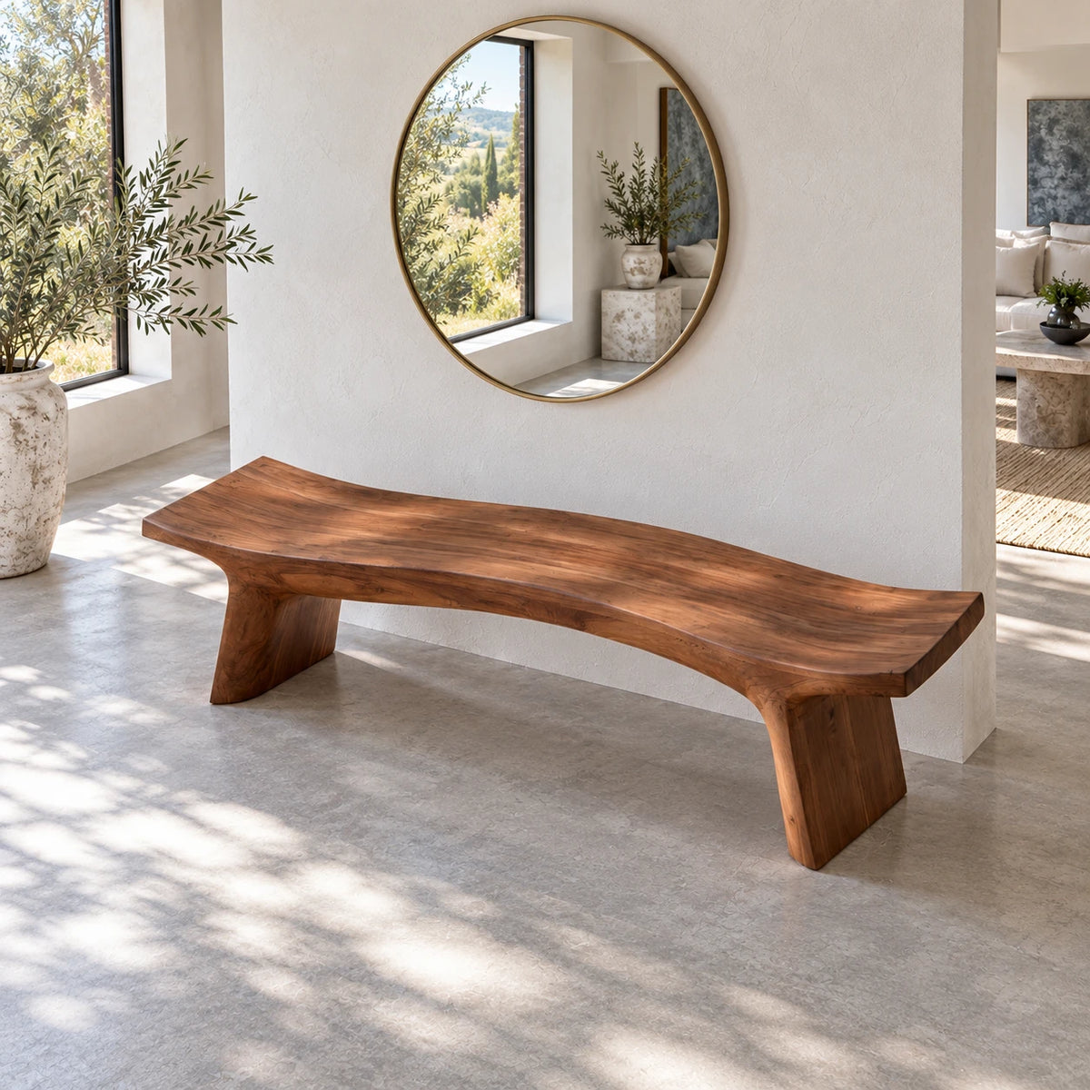 Live Edge Bench with Curved Single-Slab Seat on Two Inset Trestle Block Legs - Arboriswood - 5