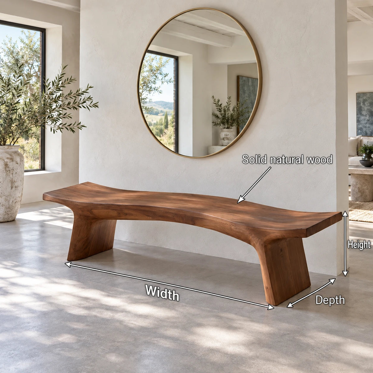 Live Edge Bench with Curved Single-Slab Seat on Two Inset Trestle Block Legs - Arboriswood - 7