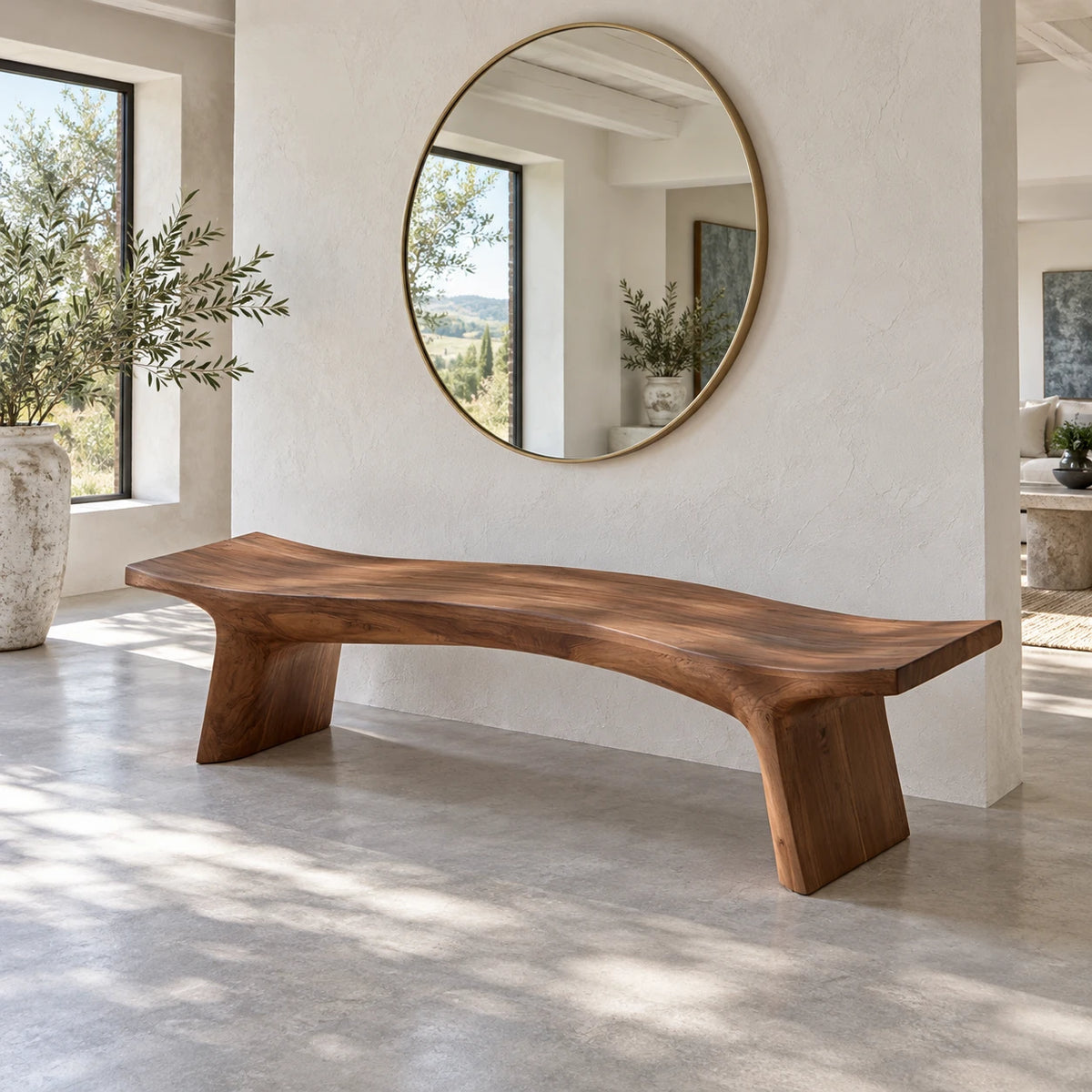 Live Edge Bench with Curved Single-Slab Seat on Two Inset Trestle Block Legs - Arboriswood - 8