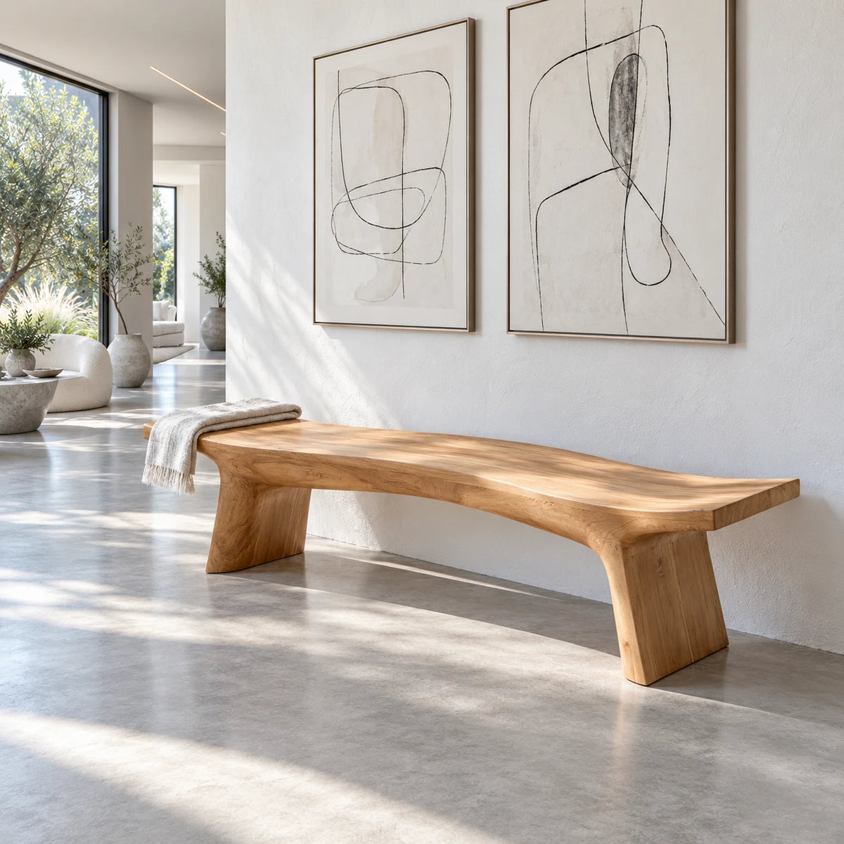 Live Edge Bench with Curved Single-Slab Seat on Two Inset Trestle Block Legs - Arboriswood - 9