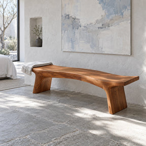 Live Edge Bench with Curved Single-Slab Seat on Two Inset Trestle Block Legs - Arboriswood