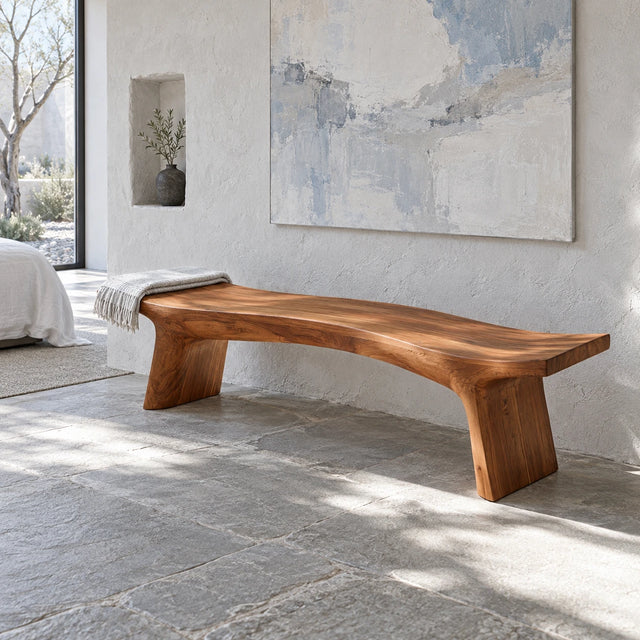 Live Edge Bench with Curved Single-Slab Seat on Two Inset Trestle Block Legs - Arboriswood
