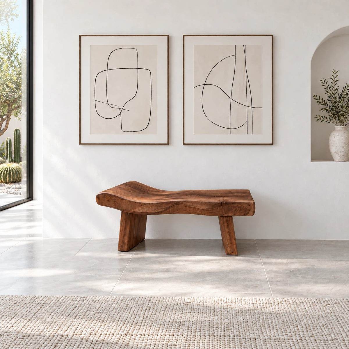 Live Edge Bench with Dished Wavy-Slab Seat on Twin Upright Post Legs - Arboriswood - 11