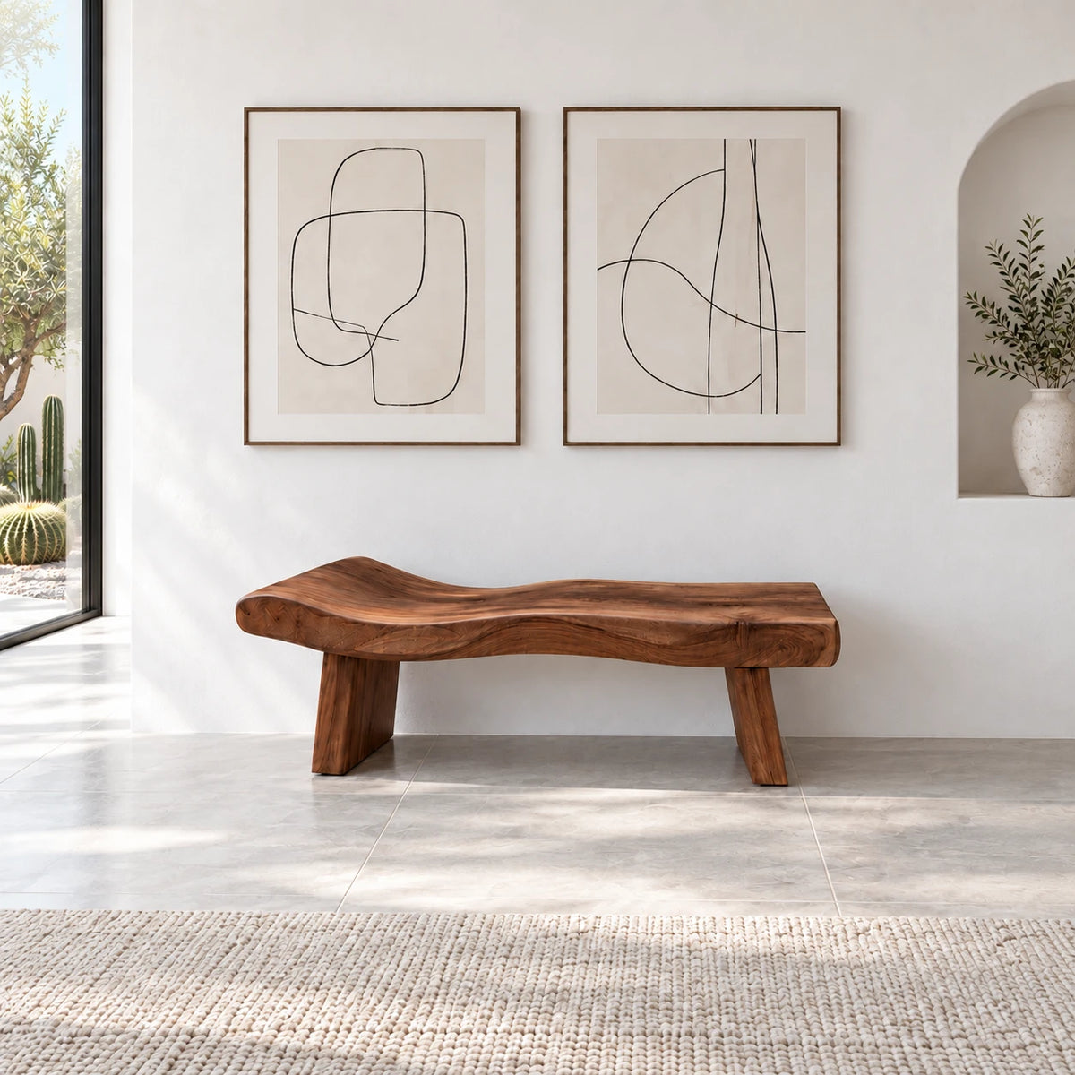 Live Edge Bench with Dished Wavy-Slab Seat on Twin Upright Post Legs - Arboriswood - 12