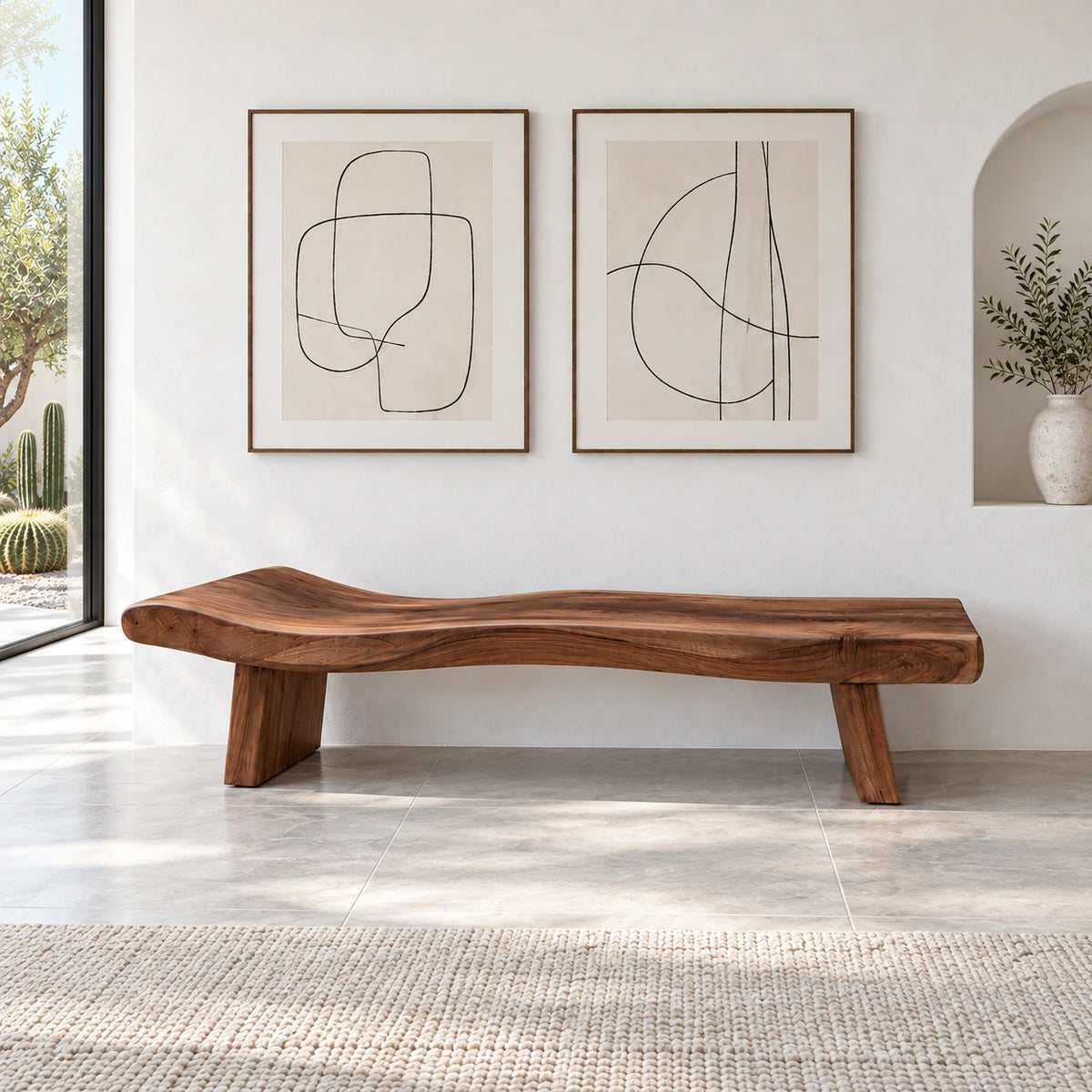 Live Edge Bench with Dished Wavy-Slab Seat on Twin Upright Post Legs - Arboriswood - 2