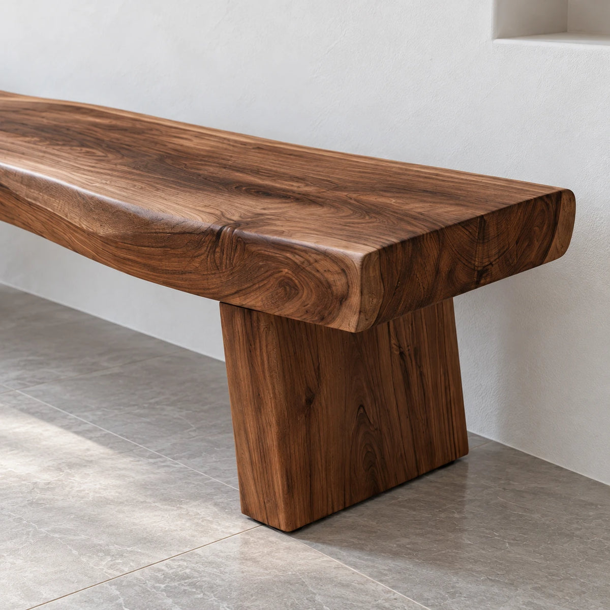 Live Edge Bench with Dished Wavy-Slab Seat on Twin Upright Post Legs - Arboriswood - 4