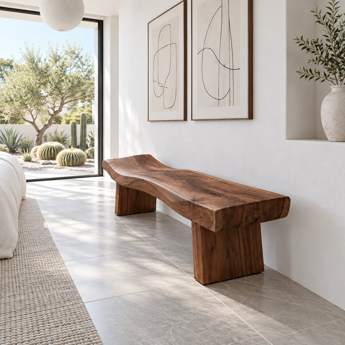 Live Edge Bench with Dished Wavy-Slab Seat on Twin Upright Post Legs - Arboriswood - 6