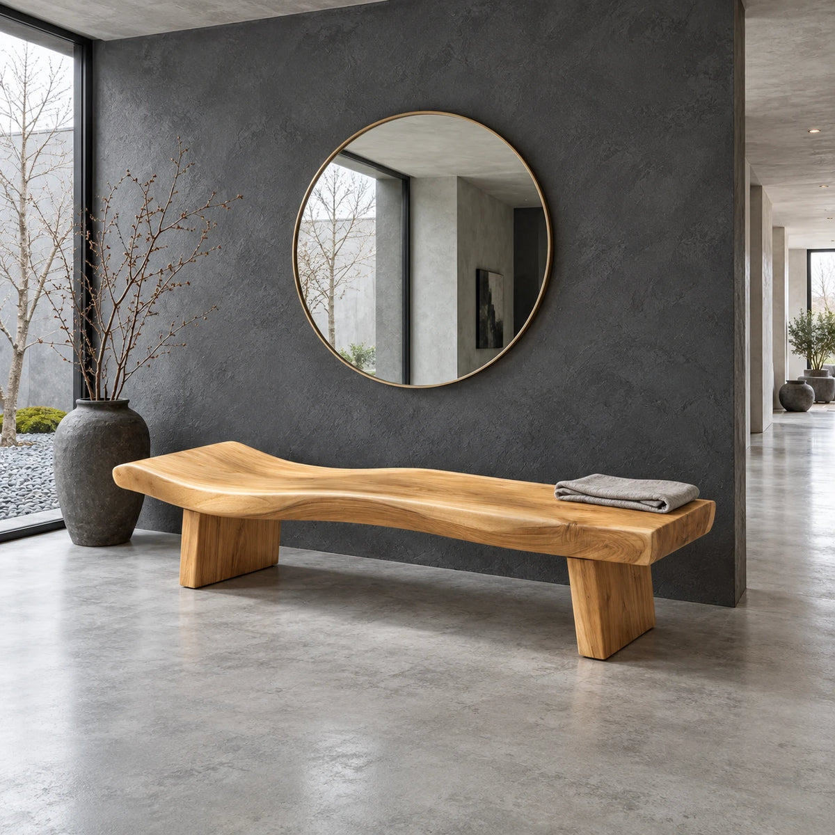 Live Edge Bench with Dished Wavy-Slab Seat on Twin Upright Post Legs - Arboriswood - 8