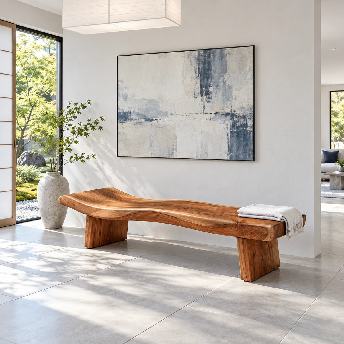 Live Edge Bench with Dished Wavy-Slab Seat on Twin Upright Post Legs - Arboriswood - 9