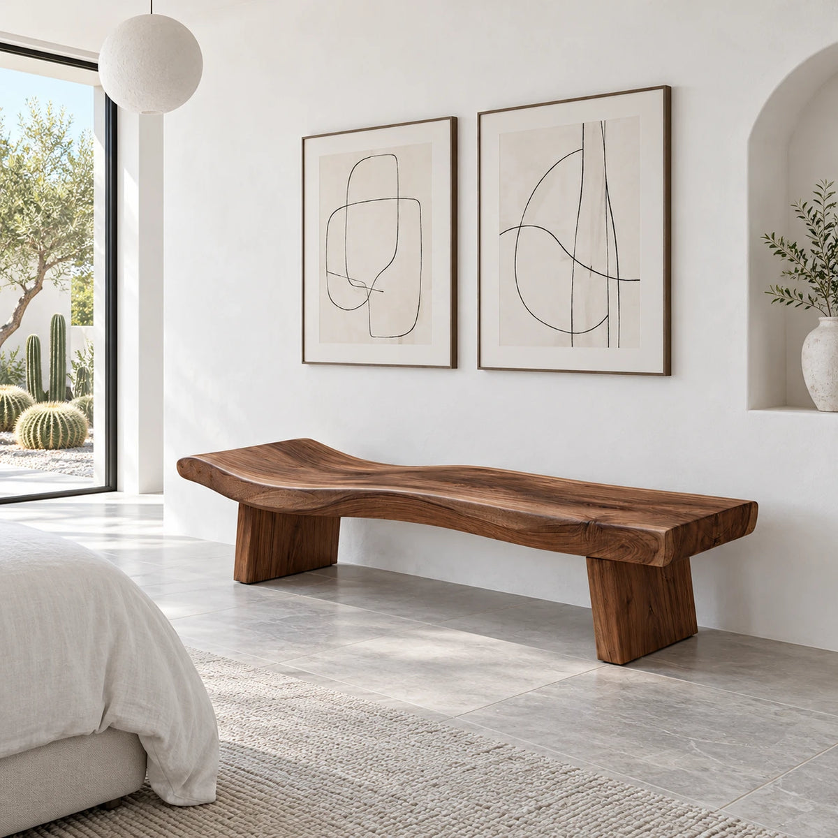 Live Edge Bench with Dished Wavy-Slab Seat on Twin Upright Post Legs - Arboriswood