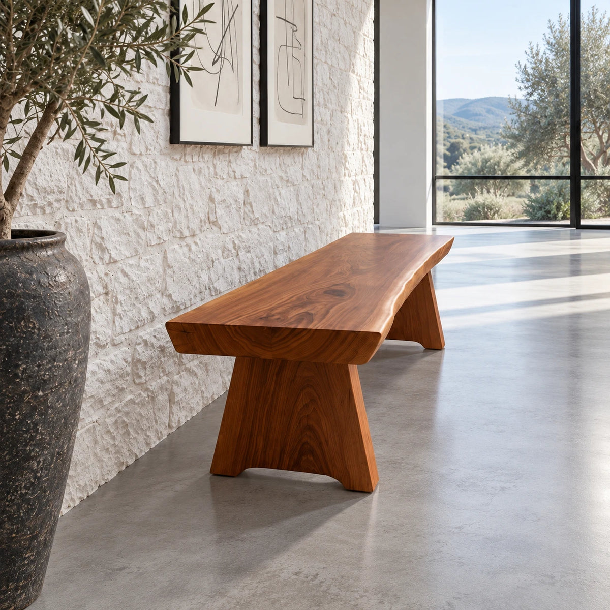Live Edge Bench with Single Thick Slab Seat on Twin Flared A-Frame Slab Legs - Arboriswood - 6
