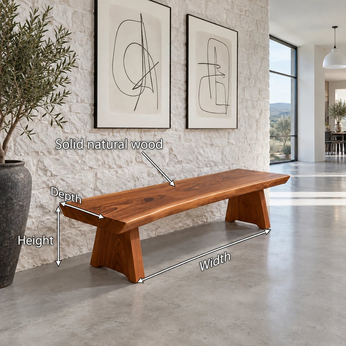 Live Edge Bench with Single Thick Slab Seat on Twin Flared A-Frame Slab Legs - Arboriswood - 7