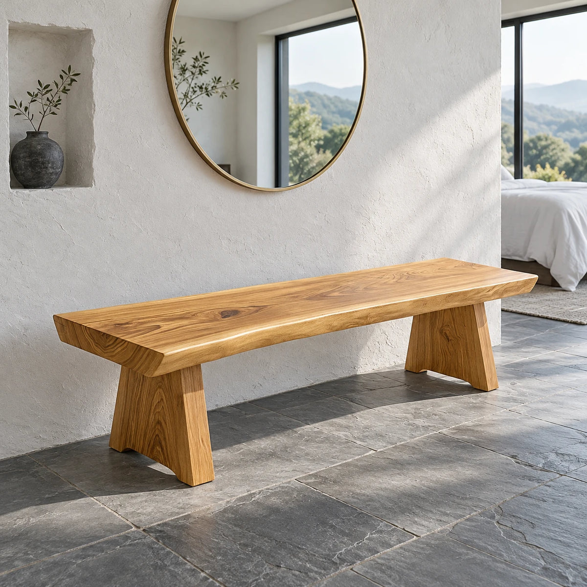 Live Edge Bench with Single Thick Slab Seat on Twin Flared A-Frame Slab Legs - Arboriswood - 9