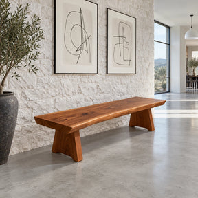 Live Edge Bench with Single Thick Slab Seat on Twin Flared A-Frame Slab Legs - Arboriswood