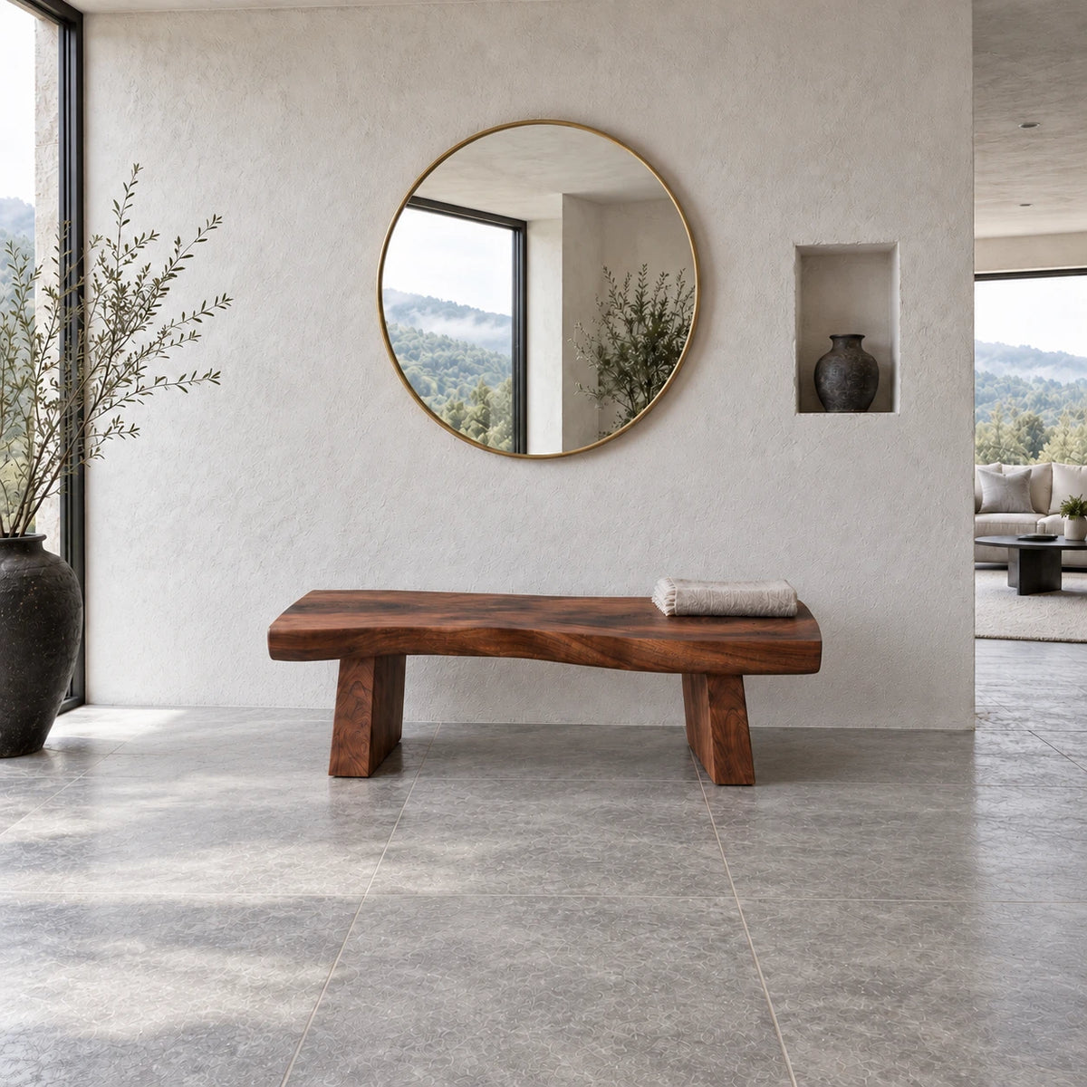 Live Edge Bench with Wavy Single-Slab Seat on Two Chunky Block Legs - Arboriswood - 11