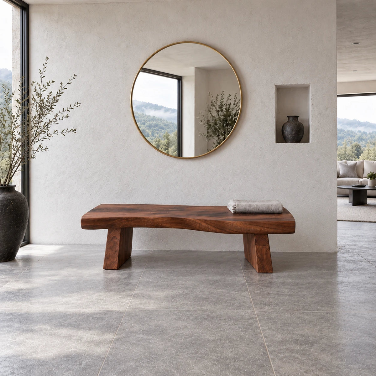 Live Edge Bench with Wavy Single-Slab Seat on Two Chunky Block Legs - Arboriswood - 12